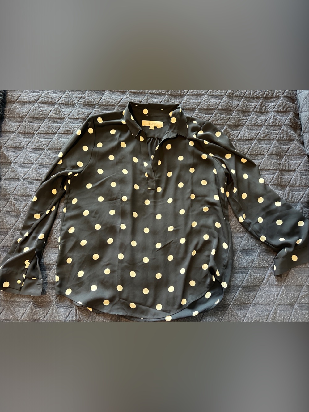LOFT Navy Blouse with Cream Polka Dots